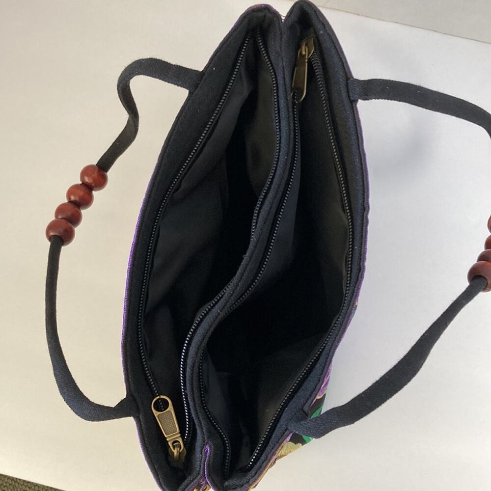 Embroidered Purse Pocketbook Bag Black Purples Tan New without Tags - Picture 7 of 9